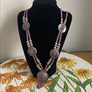 Vintage Artisan Purple Leather Southwestern Concho Necklace